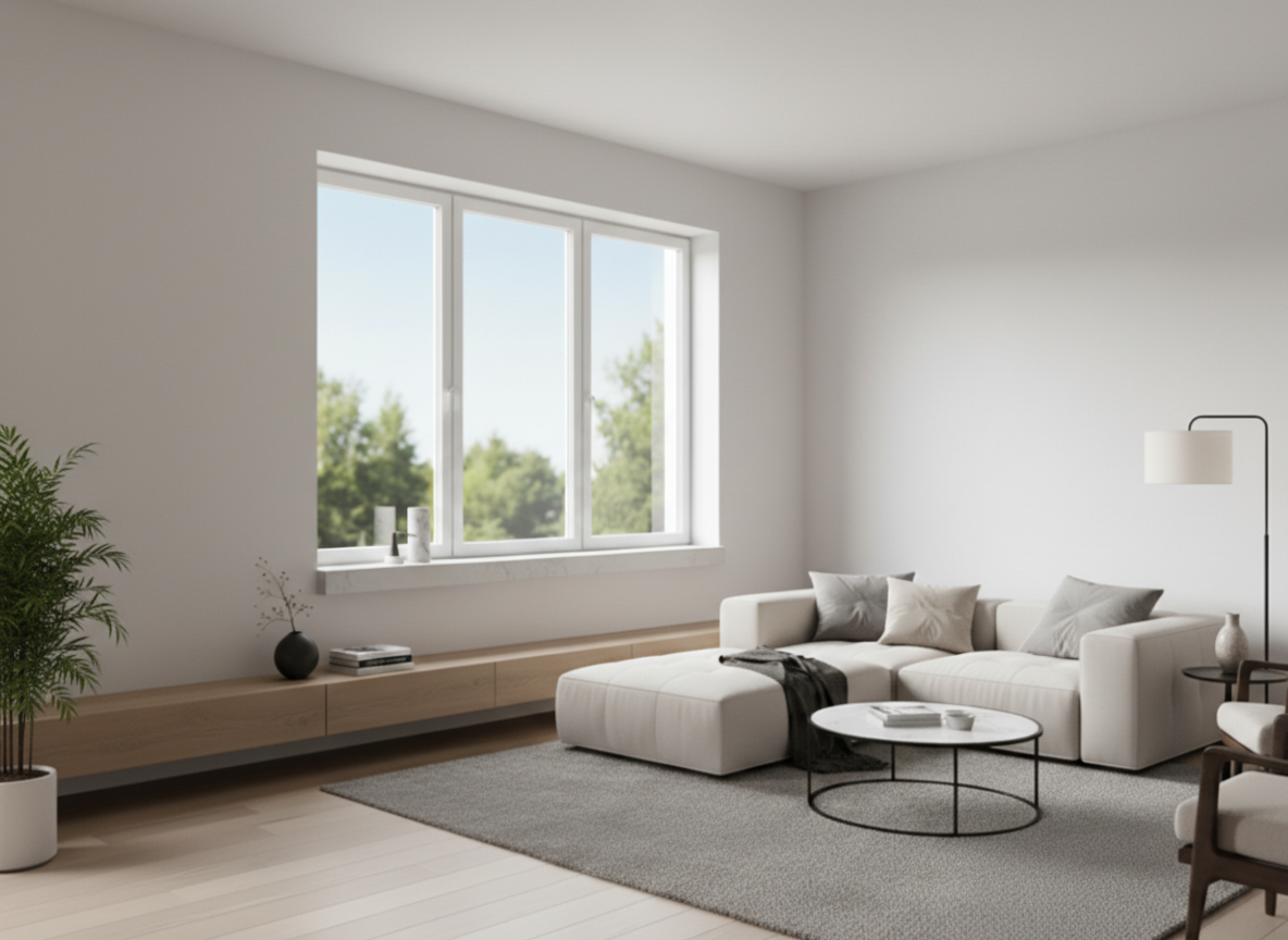 Kunststofffenster weiß, dreiteiliges Wohnzimmerfenster mit schlanken Profilen und viel Tageslicht