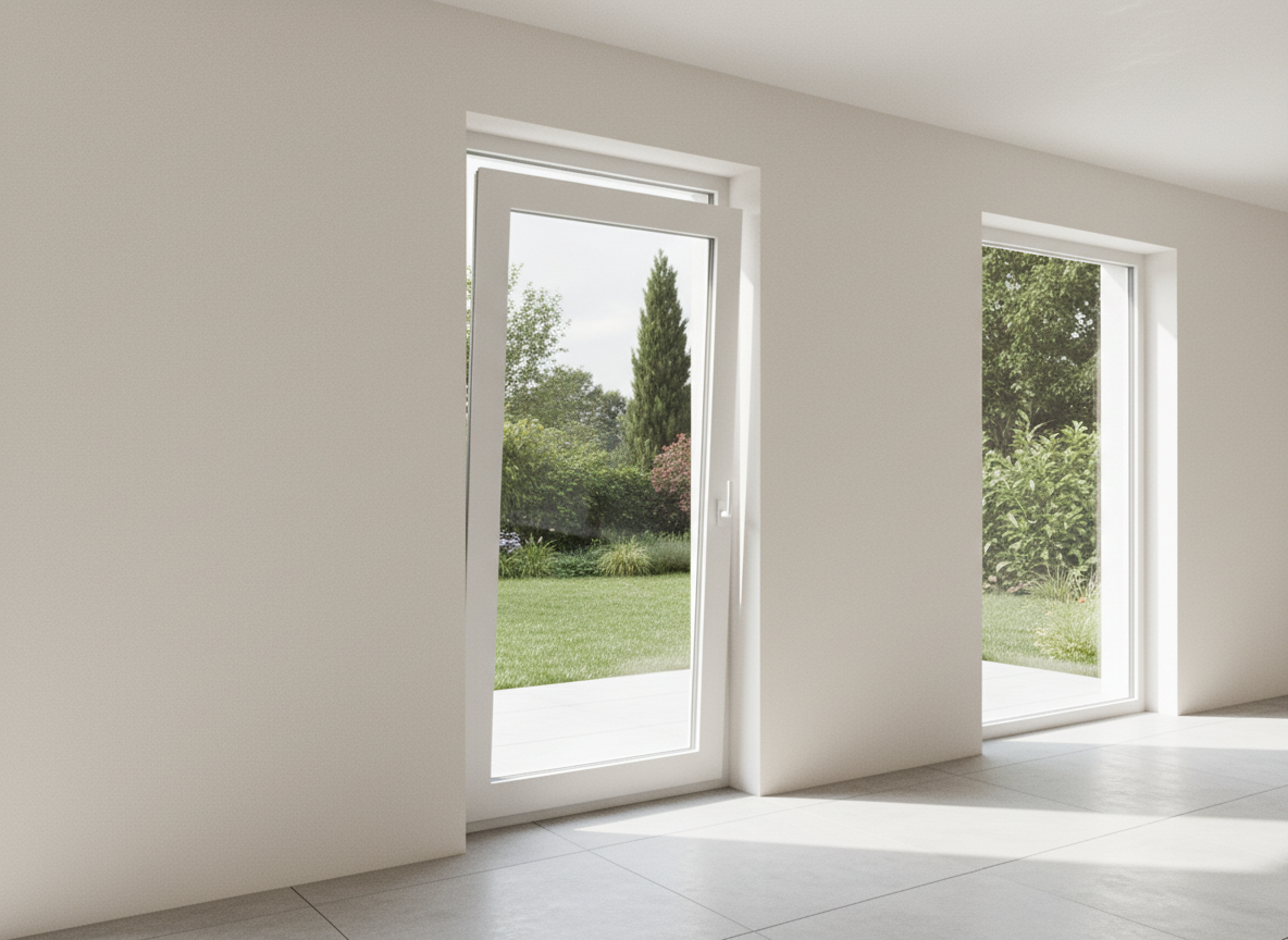 Terrassentür weiß aus Kunststoff, leicht gekippt, neben großem Festfenster mit viel Glas, heller Wohnraum
