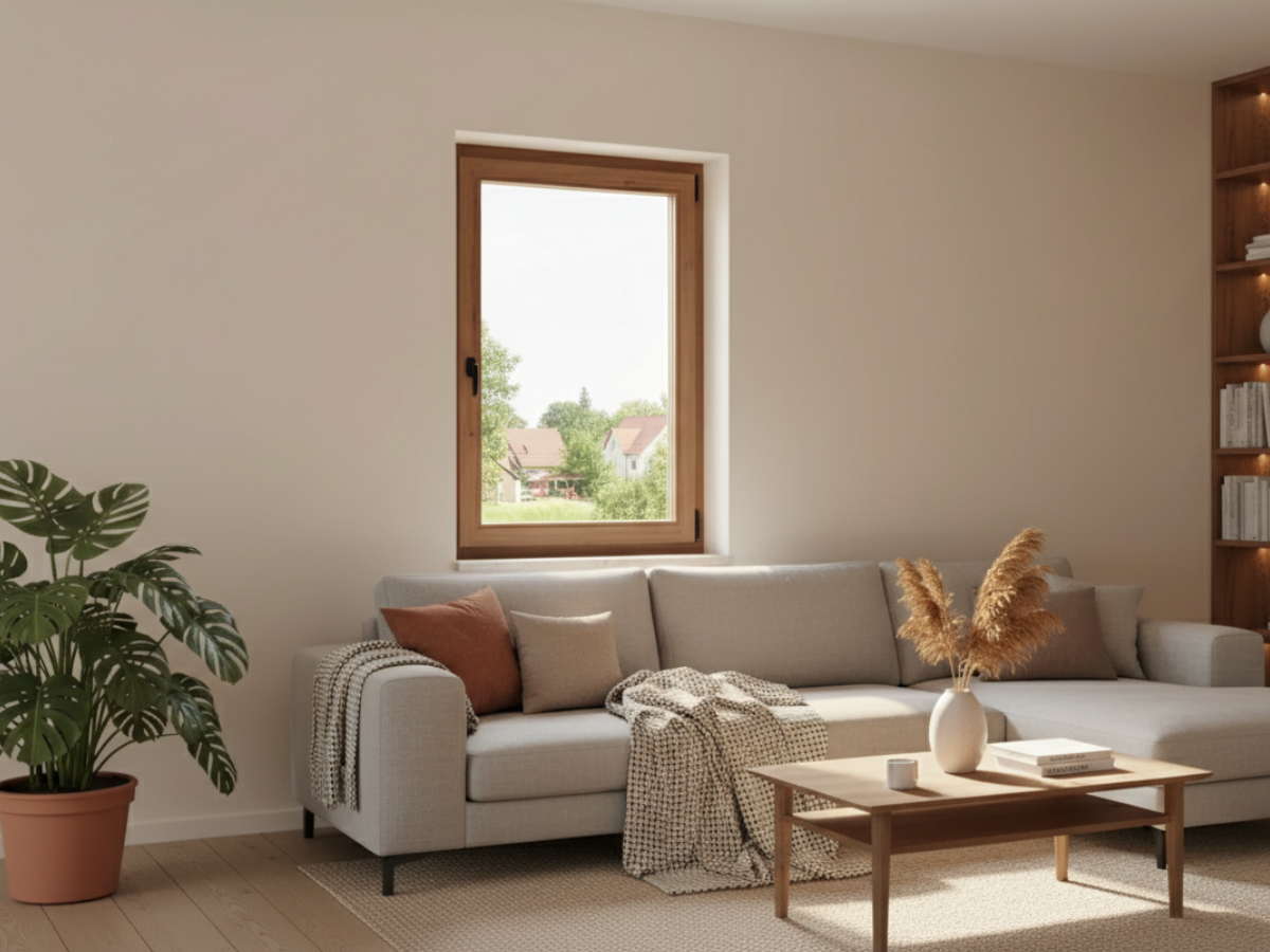 Holz-Drehflügel-Fenster im wohnzimmer