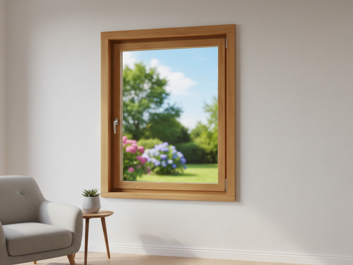 Einteiliges Dreh-Kipp-Holzfenster im wohnzimmer