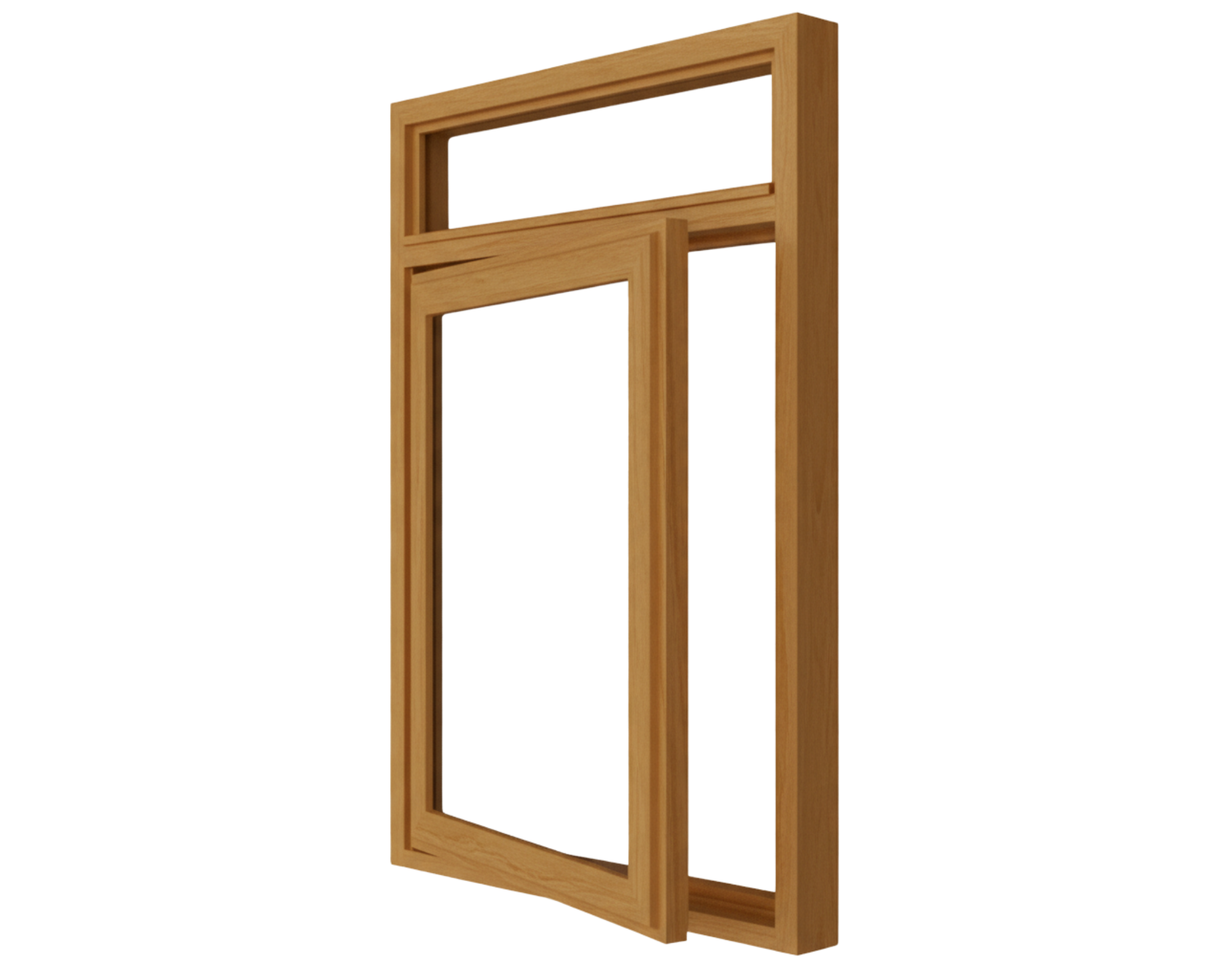 Holzfenster hellbraun aus Holz mit Oberlicht, offener Rahmen ohne Verglasung