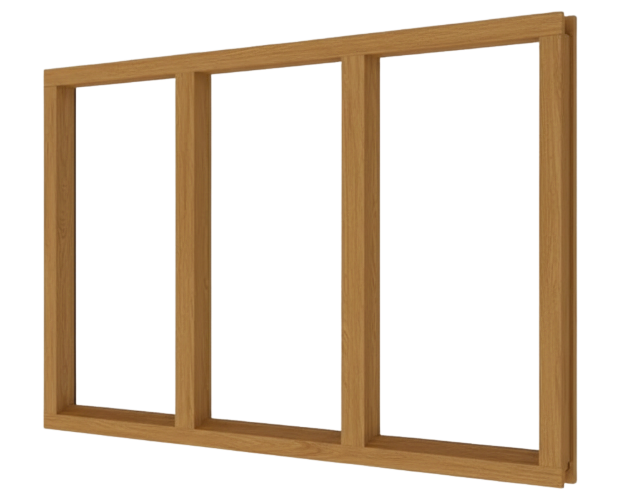 Holzfenster eichefarben aus Holz, dreiteilig mit schlanken senkrechten Pfosten, offener Rahmen